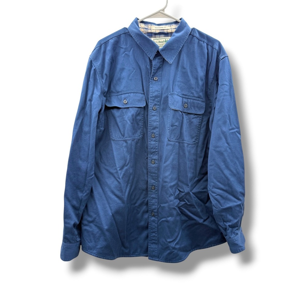 L.L.Bean Hurricane Shirt Jacket Mens L Blue Flannel Lined Heavy Cotton 298205
